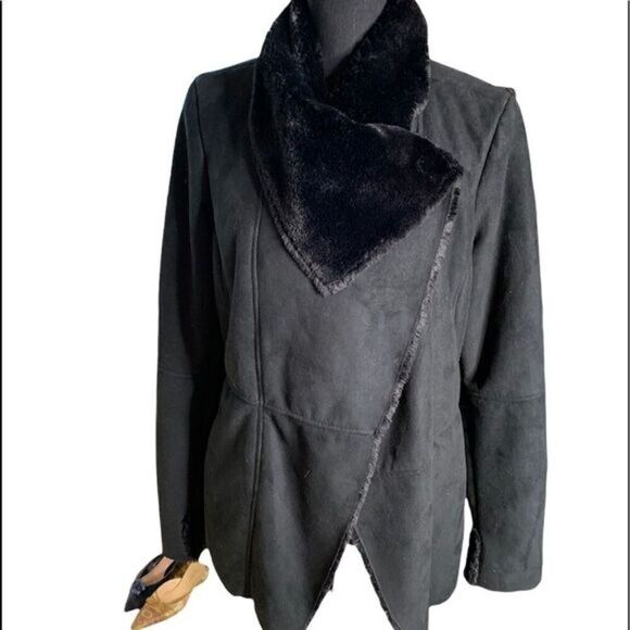 Dress Barn Black faux Shearling coat drape front 🖤 WARM size medium beautiful! - Picture 2 of 13